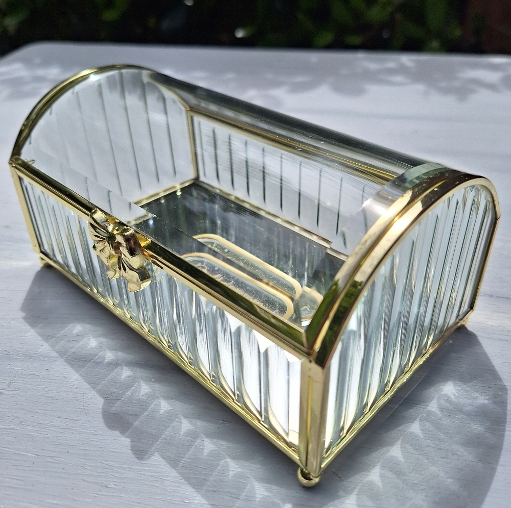 Glass Display Box Gold Metal Jewelry Box Holder Casket Stained Glass Case